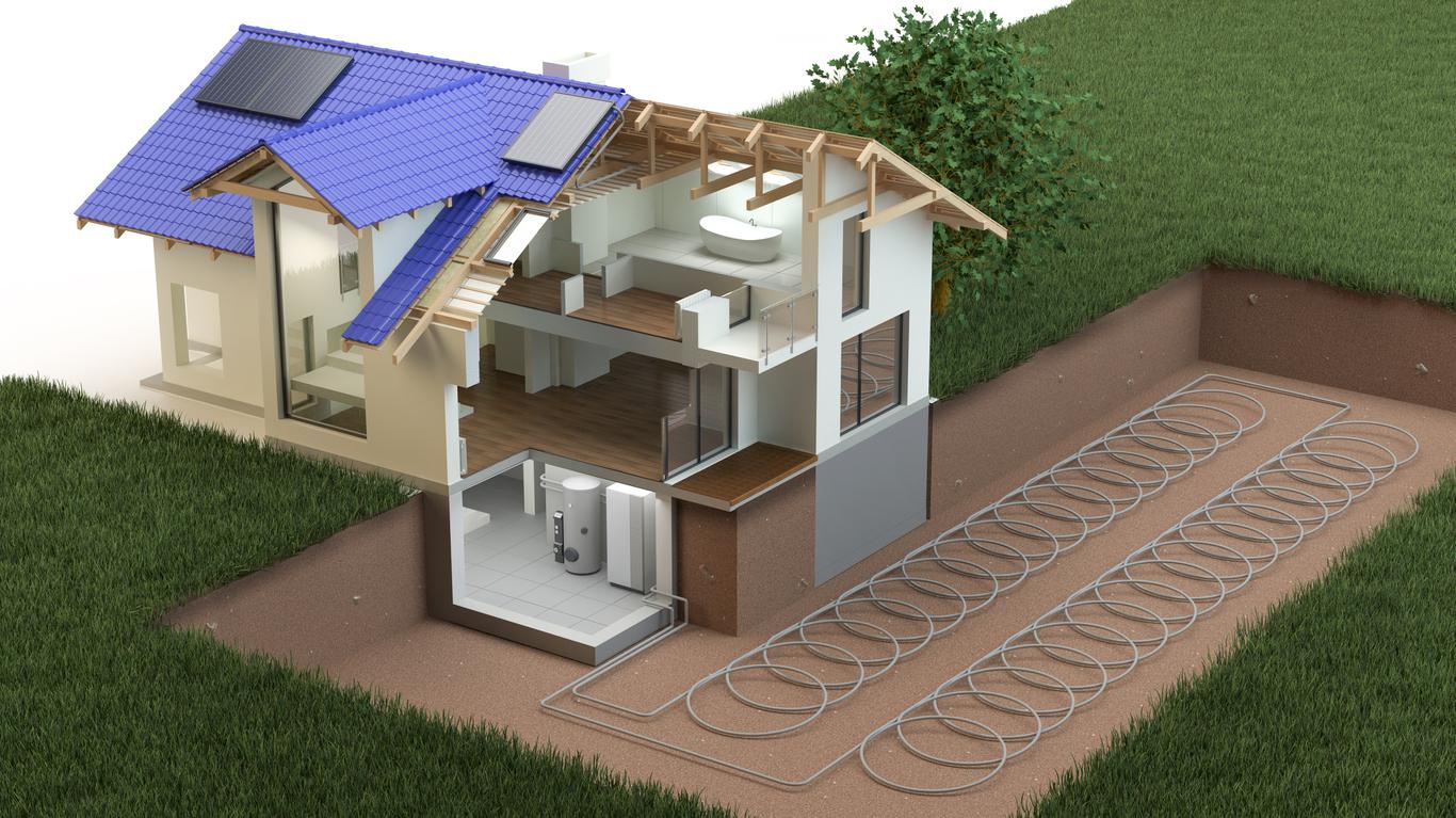 Geothermal Heat Pump System Illustration of a house, showing the underground heating and cooling coils for a geothermal heat pump system.