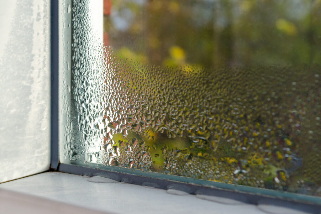 condensation on a window showing indoor humidity in the summer